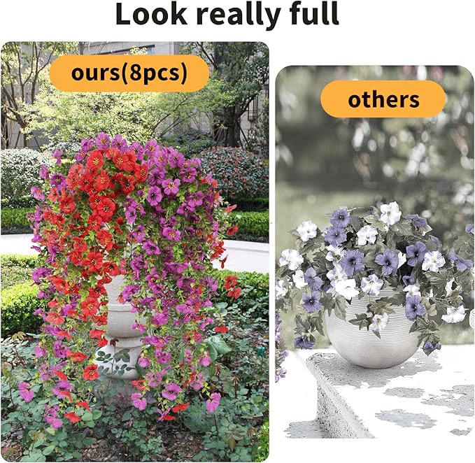 Artificial Hanging Flowers for Outdoors, 8 Pcs Fake Plant for Spring Summer Decoration, UV Resistant Realistic Silk Faux Flowers Outside Indoor Planter Porch Patio Balcony Yard Decor