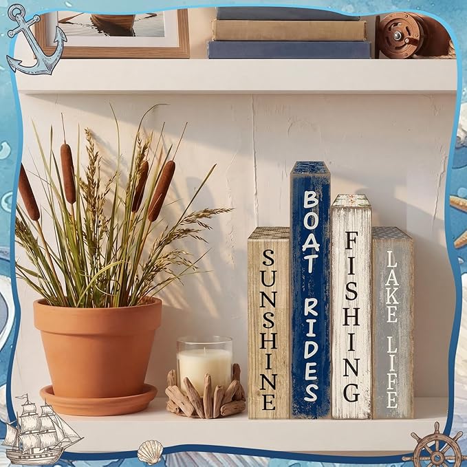 Lineshading 4 Pcs Summer Lake House Decor Stacked Wooden Block Set with Lake Life Boat Rides Fishing Sunshine Blue White Summer Table Decor Wooden Book Signs for Fishing & Boating Lovers Gifts