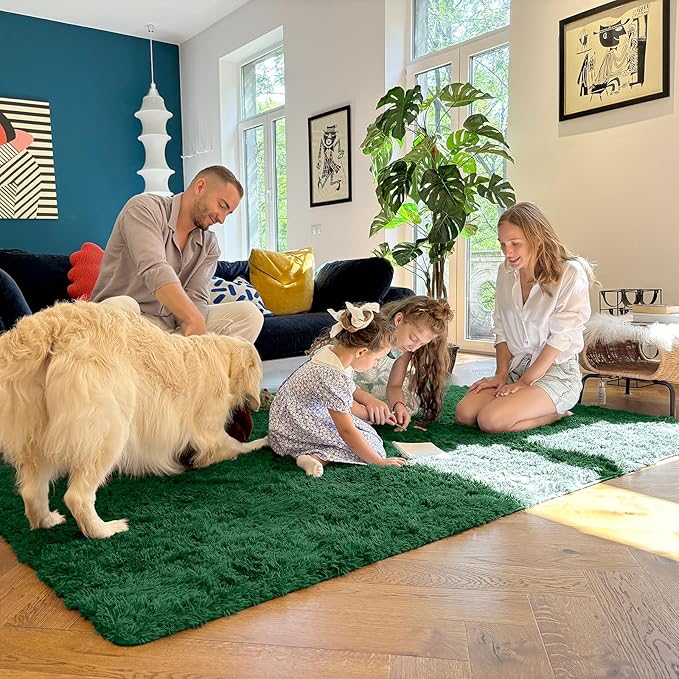 OLANLY 2x8 Machine Washable Runner Rugs for Hallway, Soft Fluffy Shaggy Bedside Rugs for Bedroom, Living Room, Indoor Floor Carpet for Kids Girls Boys, Nursery Rooms, Home Decor Aesthetic, Dark Green