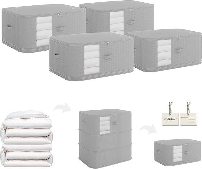 3-Layer Compressible with Zippers Blanket & Comforter Storage Bag,Ultra Space Saving Self Compression Organizer，Save 50% Space, 4 PCS，Gray