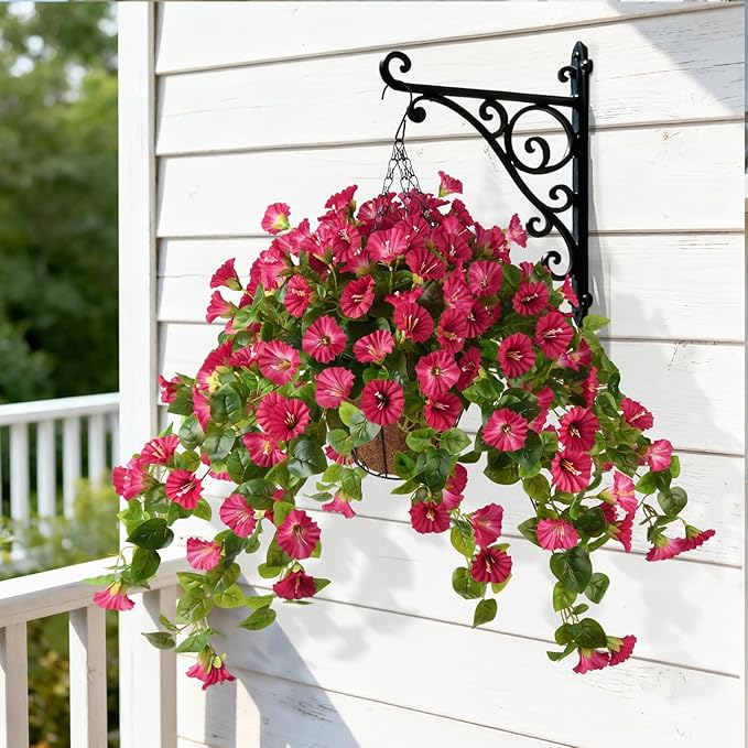 Homusnny Artificial Hanging Fake Flowers with Basket Plants Spring and Summer Outdoor Decoration, Faux Silk Flower UV Resistant Morning Glory for Home Porch Patio Garden Balcony Yard etc.(Red)