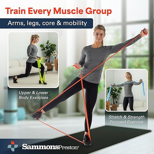 Sammons Preston 5pk Resistance Bands for Working Out, Color‑Coded Non‑Latex Exercise Bands, 5 ft Stretch Bands for Physical Therapy, Workout Bands for Strength, Flexibility & Toning