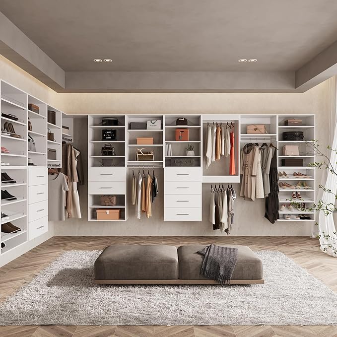 ROOMTEC Modular Closet System, 78" Wall Mounted Modern Closet Organizer with Hanging Rods and Drawers, Wooden Tower for Walk-In Closets, Wardrobe Storage Kit, White