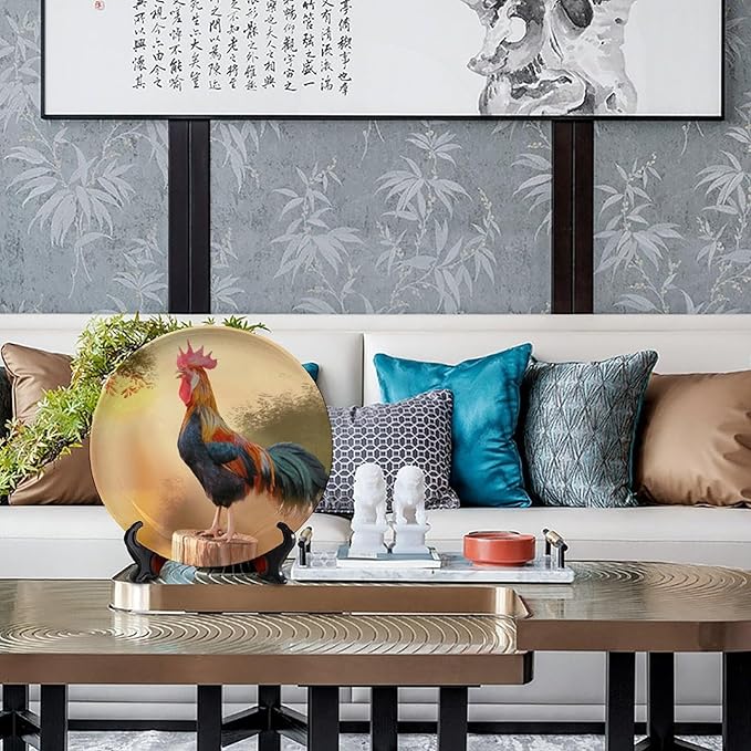 Rooster Decorative Plates, 6 Inch, Crowing Cock Round Display Plate, Table Top Plate Decor with Stand, for Home Kitchen Bedroom Decorative Ornaments