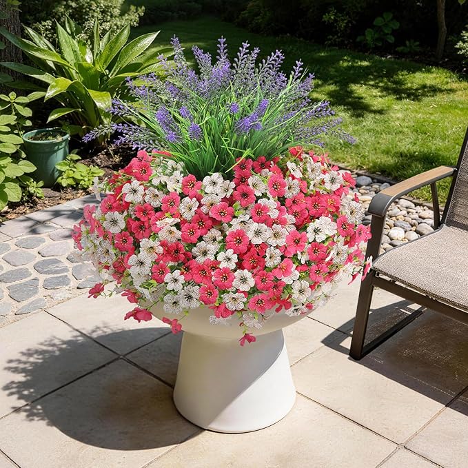 INQCMY Artificial Flowers for Outdoors UV Resistan 12 Pcs Silk Daisies with Eucalyptus Leaves and 2 Pcs Lavender Suitable for Porch Balcony Courtyard Garden (Rose Red White)