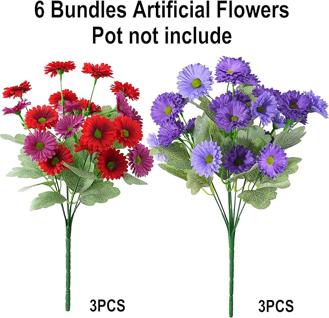 HyeFlora Artificial Flowers for Outdoors Spring Summer Decor, 6 Bundles Fake Daisy Silk Flowers for Outside Realistic UV Resistant Outdoor Faux Plants for Planters Porch Patio Garden Yard Home, Mixed
