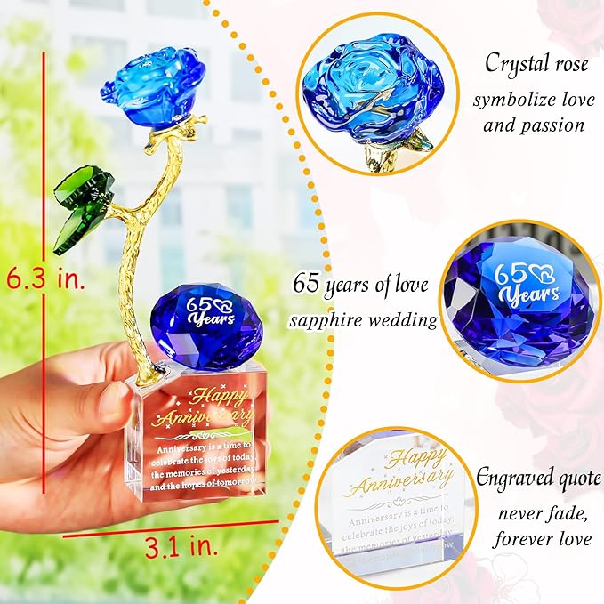 YWHL 65th Wedding Anniversary Rose Gifts for Parents Grandparents, 65 Years Happy for Couples, Crystal Rose Figurine with Blue Diamond, Romantic Valentines Day Present for Her Him