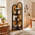 4 Tier Farmhouse Corner Shelf, 70" Tall Pine Wood and Rattan Corner Bookshelf for Small Spaces, Freestanding Display Shelf for Living Room, Bedroom, Bathroom, Kitchen, Black
