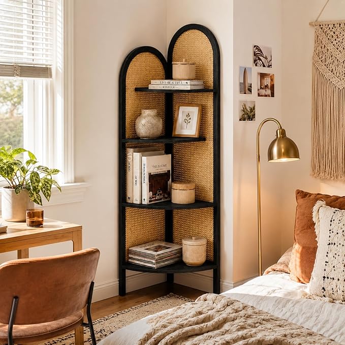 4 Tier Farmhouse Corner Shelf, 70" Tall Pine Wood and Rattan Corner Bookshelf for Small Spaces, Freestanding Display Shelf for Living Room, Bedroom, Bathroom, Kitchen, Black