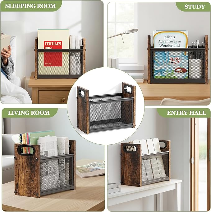 Rustic Magazine Holder, Wood Magazine Rack Floor, Magazine Storage Basket, Mesh Magazine File Holder, Magazine Holders for Shelves，Magazine Stand for Desk, Folder Organizer Bin for Magazines
