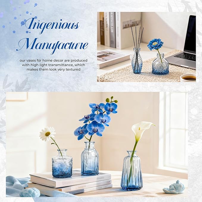 Der Rose Blue Glass Bud Vases Set of 30, Small Bud Vases for Flowers, Rustic Wedding Centerpieces and Home Decor