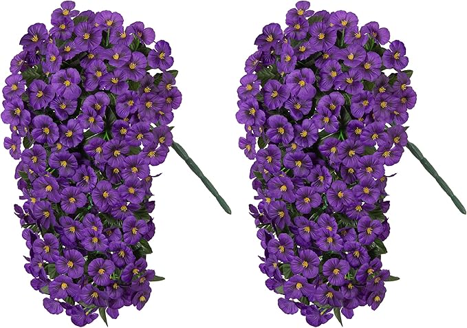 HyeFlora Artificial Flowers for Outdoors 2pcs Faux Silk Pansy Vines Lush UV Resistant Fake Hanging Flower Plants for Outside Porch Yard Patio Window Box (Dark Purple)