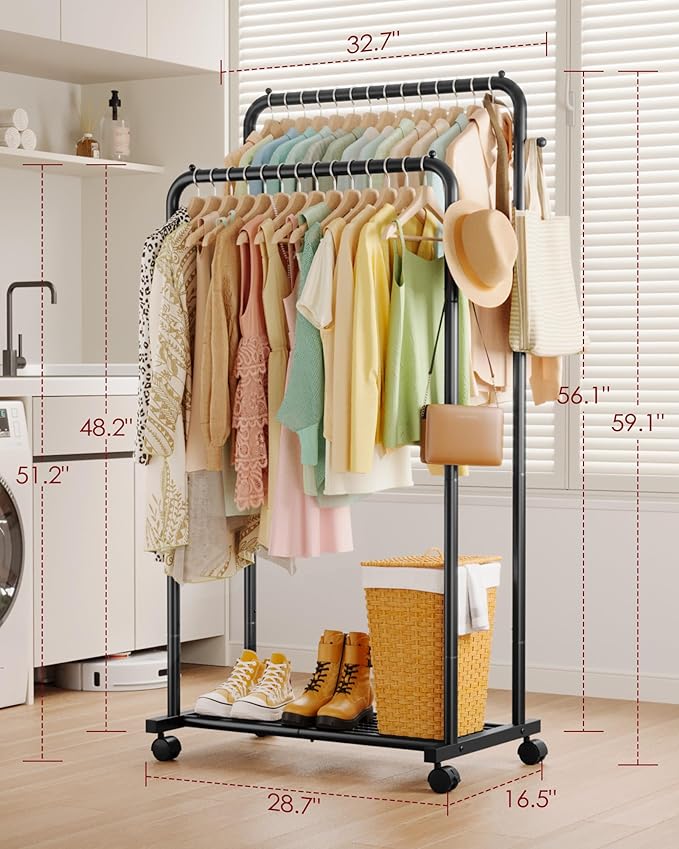 Clothes Rack - Double Rods Clothing Rack with Mesh Shelf, Hooks & Wheels, Metal Clothing Racks for Hanging Clothes & Bags, Multifunctional Garment Rack for Laundry, Black, 28.7" x 16.5" x 59.1"