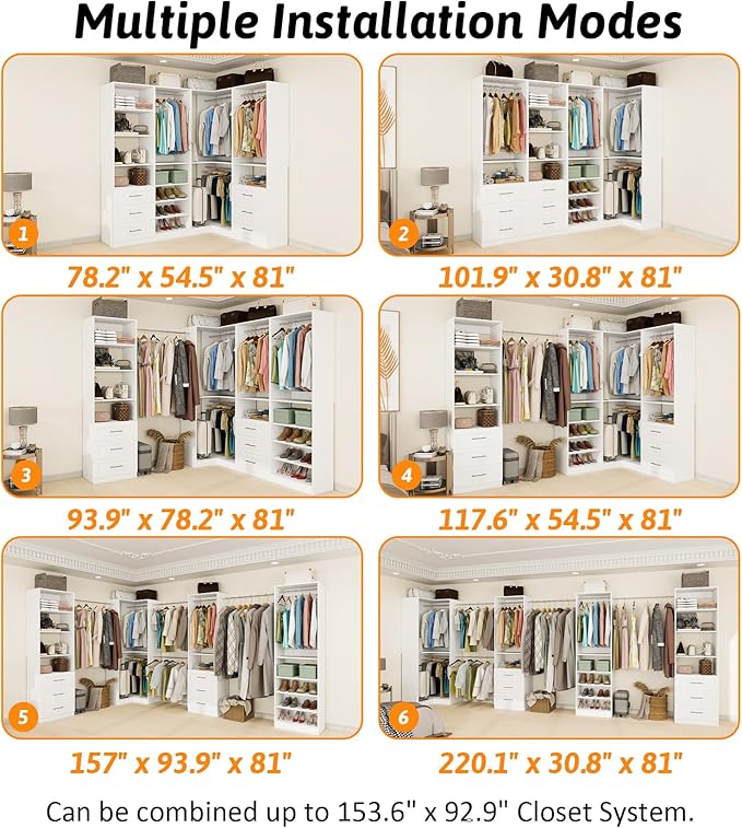 Closet System with 4 sets, 101.9" Closet Organizer Systems with 6 Drawers & 8 Hanging Rods & Adjustable Shelves, Walk in Closet Standing Closet System, Corner Closet System Set, White