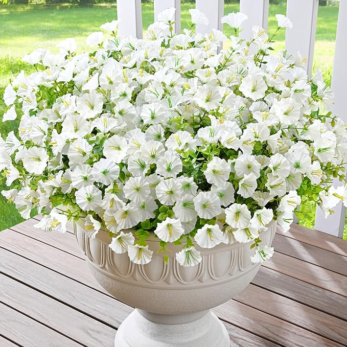 Waipfaru Artificial Flowers for Outdoors, 24 Bundles Faux Plants Outdoor, UV Resistant Artificial Plants, Silk Petunias Fake Flowers for Outside Home Decor Planter Porch Decoration, White