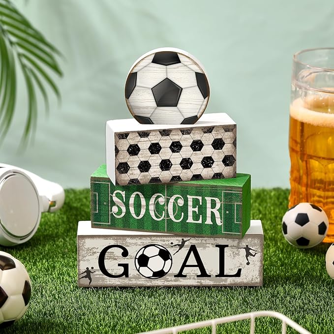 Moucuny 4 Pcs Soccer Party Decorations Soccer Table Centerpiece Football Tiered Tray Decor Wooden Ball Block Signs Gift Sports Themed Table Decorations for Boys Baby Shower Party Supplies Decor