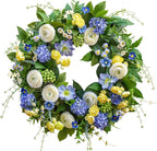 24 Inch Spring Wreath for Front Door, Artificial Hydrangea, Anemone & Wild Daisy Flowers with Berry Accents, Spring and Summer Door Wreath for Indoor Outdoor Decor