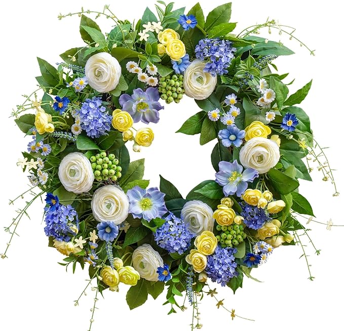 24 Inch Spring Wreath for Front Door, Artificial Hydrangea, Anemone & Wild Daisy Flowers with Berry Accents, Spring and Summer Door Wreath for Indoor Outdoor Decor