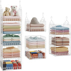 5 Tier Hanging Closet Organizer Separable Hanging Closet Shelves with 4 Hooks 2 Adjustable Dividers, Wire Storage Basket Bins for Clothing Sweaters Socks Dolls Handbags, Foldable