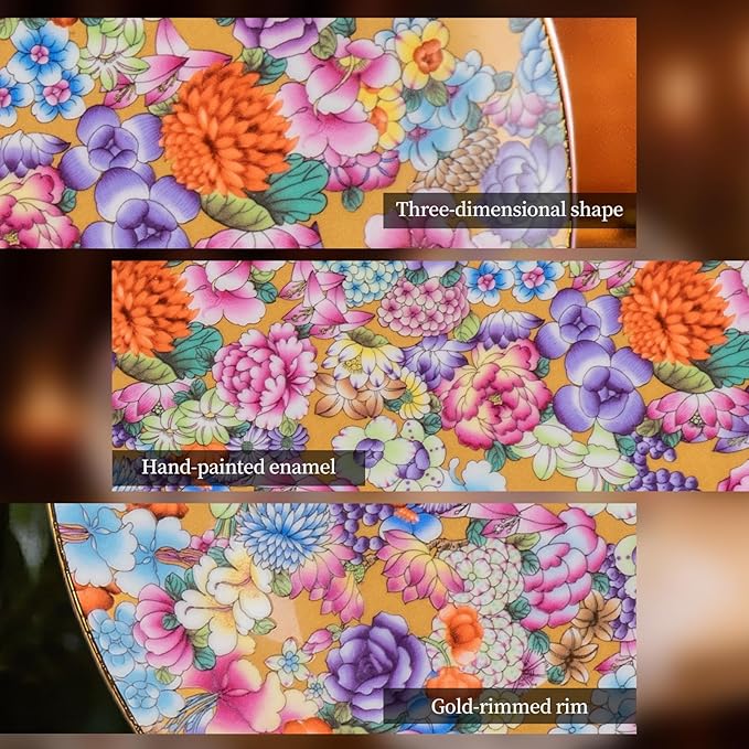 KAMMAK Decorative Plates Set for Display, Gold Ceramic Plate Decor with Stand，Handmade Vintage Flower Porcelain Ornament for Living Room, Kitchen, Office, Perfect Chinese Style Dish Gift (8in+10in)