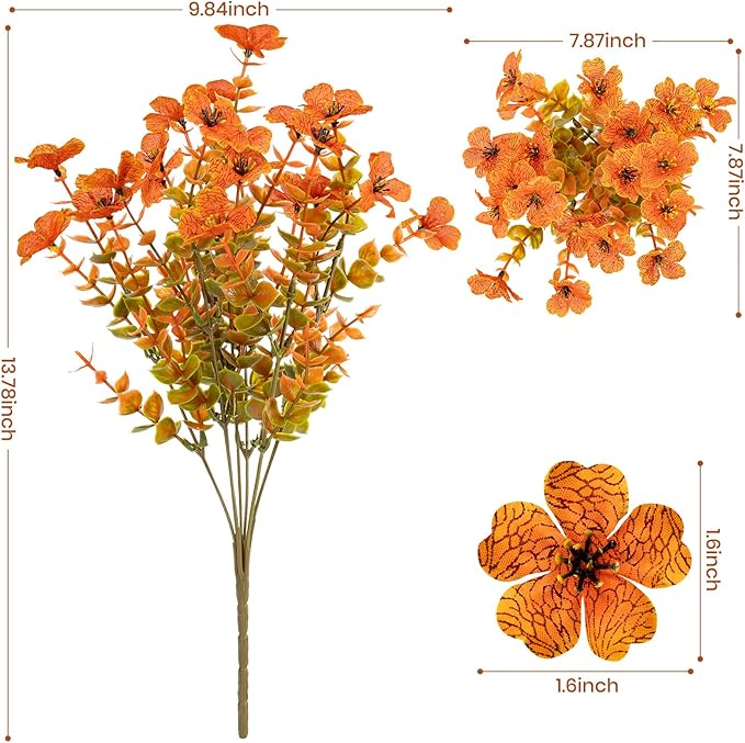 Lnoicy 20 Bundles Artificial Fake Mums for Outdoor Fake Plants for Autumn Decoration,Faux Eucalyptus Flowers for Planter UV Resistant Lifelike for Home Porch Garden (Fall Orange)