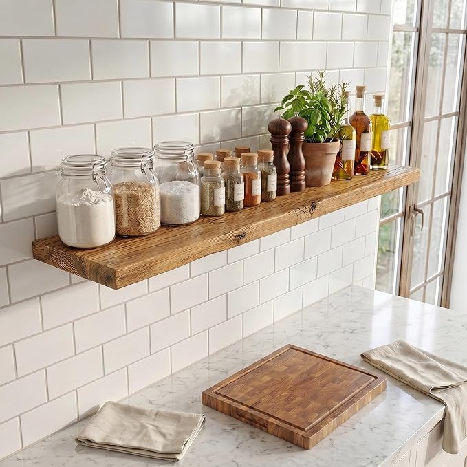Dreamland 48" Solid Elm Wood Floating Shelves, 8" Deep Wall Shelves for Home Decor, Floating Shelf with Invisible Bracket, Heavy-Duty Display Shelf - for Living Room, Kitchen, Bathroom, Set of 1