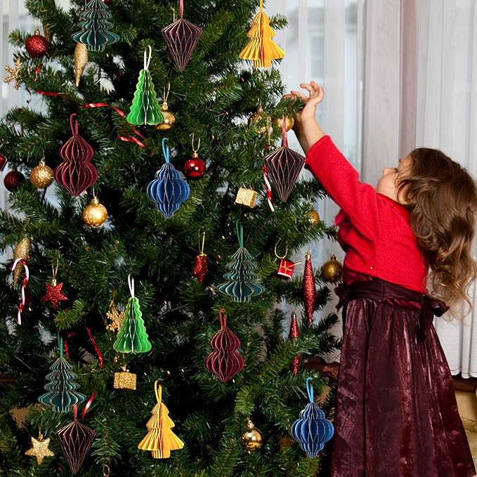 EASY JOY 6 PCS Christmas Honeycomb Paper Ornaments Paper Glitter Edged Small Christmas Tree Ornaments Decorative Hanging Ornaments for New Years Party,Winter Xmas Party,Holiday Home Decor