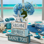 Lineshading 4 Pcs Summer Table Decoration Coastal Wooden Stacked Block Decor, Sunshine Sea Breeze Sandy Toes Signs with Starfish, Rustic White and Blue Beach Tiered Tray Decor for Home Entryway