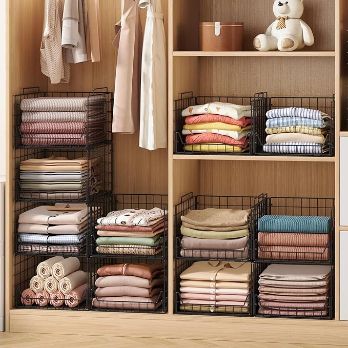 Stackable Closet Organizers and Storage Bins 4 Pack, Sturdy Metal Clothes Storage Container for Clothes Pants Sweaters, Black Folded Drawer Shelf Organizer for Closet Wardrobe