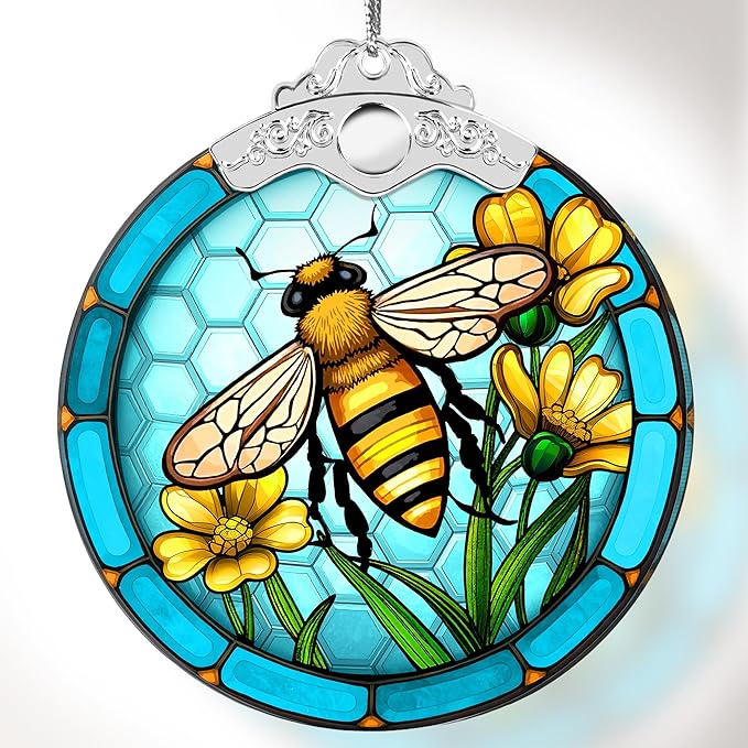 2025 Christmas Ornaments, Christmas Tree Ornaments Acrylic, Faux Stained Glass Effect White Elephant Gifts Exchange, Unique Suncatcher Xmas Stocking Stuffers for Women, Men (Bee)