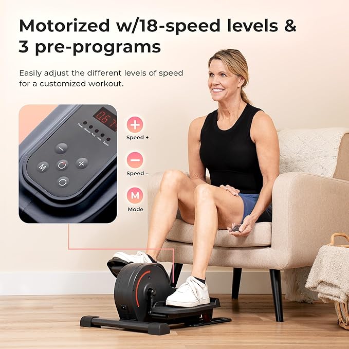 Sunny Health & Fitness Under Desk Pedal Elliptical Machine, Adjustable Resistance Leg Exerciser Home Workout While Sitting for Seniors, Optional Motorize or in Pink with SunnyFit App via Bluetooth