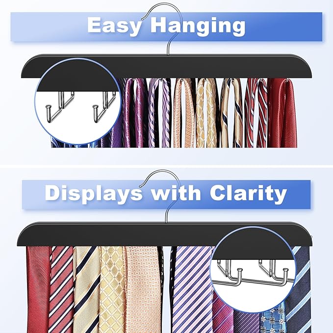 Upgraded Tie Rack Hanger with 20 Foldable Metal Hooks, Space Saving Necktie Organizer for Men – Large Capacity Tie and Belt Wooden Hanger for Closet - Black 2 Pack