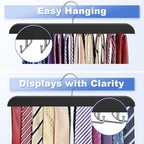 Upgraded Tie Rack Hanger with 20 Foldable Metal Hooks, Space Saving Necktie Organizer for Men – Large Capacity Tie and Belt Wooden Hanger for Closet - Black 2 Pack
