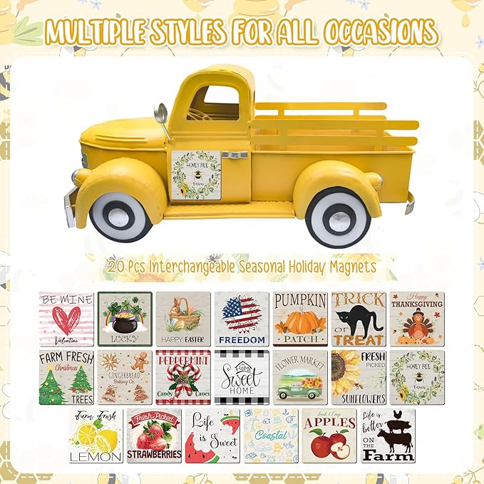 Farmhouse Lemon Decor 13.4 Inch Large Vintage Truck with 20 Magnets Interchangeable Seasonal Decor Rustic Metal Pickup Spring Summer Lemon Centerpieces for Tables Home Lemonade Party, Yellow