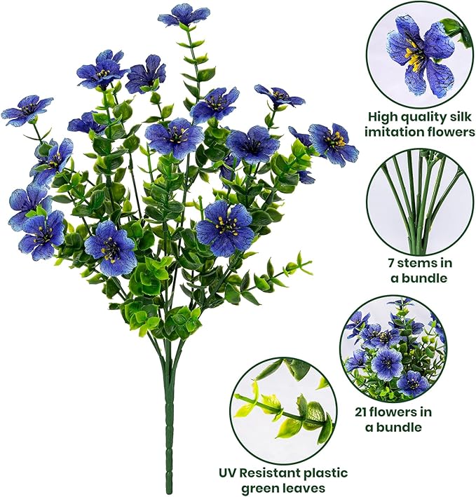 Lnoicy 20 Bundles Artificial Flowers for Outdoor Fake Plants for Spring Decoration,Faux Eucalyptus Flowers for Planter UV Resistant Lifelike for Home Porch Garden（Blue）