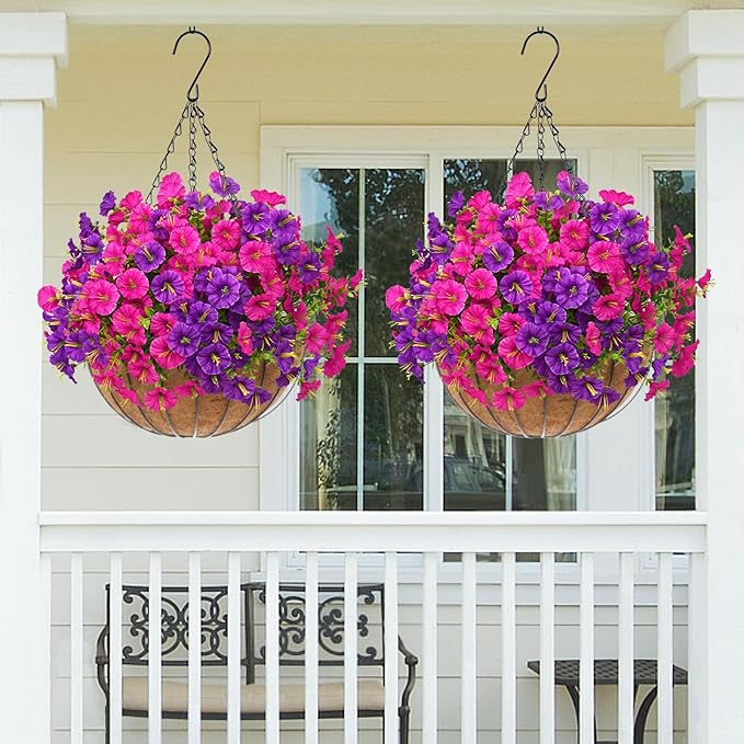 MARTINE MALL 12 Bundles Look Real Artificial Flowers for Outdoors, Realistic Fake Outdoor Flowers, UV Resistant Silk Petunia Flowers for Outside Faux Flowers Plants for Outdoor Porch, Purple+Fuchsia