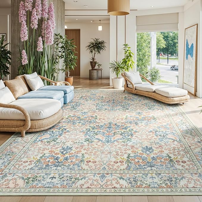 Lessymo Large Area Rugs 9x12 Living Room, Soft Washable Rug for Bedroom Dining Room Nursery Room Farmhouse, Boho Non Slip Low Plie Carpet Vintage Floral Forest Design, Beige Brown