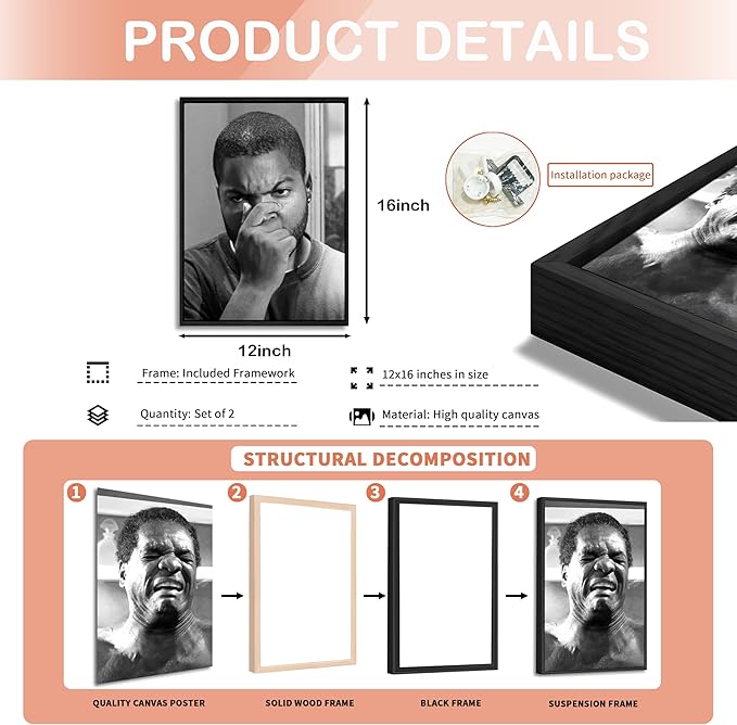 Funny Bathroom Canvas Wall Art Set of 2 - Black Floating Frame Black and White Vintage Comedy Movies Posters, Funny Toilet Humour Smell Wall Decor Prints for Bathroom Decor 12x16 in