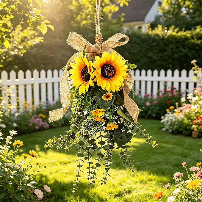 Generic 24 in Sunflower Swag, Artificial Floral Garland with Burlap Bow, Rustic Door Swag for Front Door Outside, Summer Sunflower Wreath Decor for Home Window Farmhouse. (1Pcs)