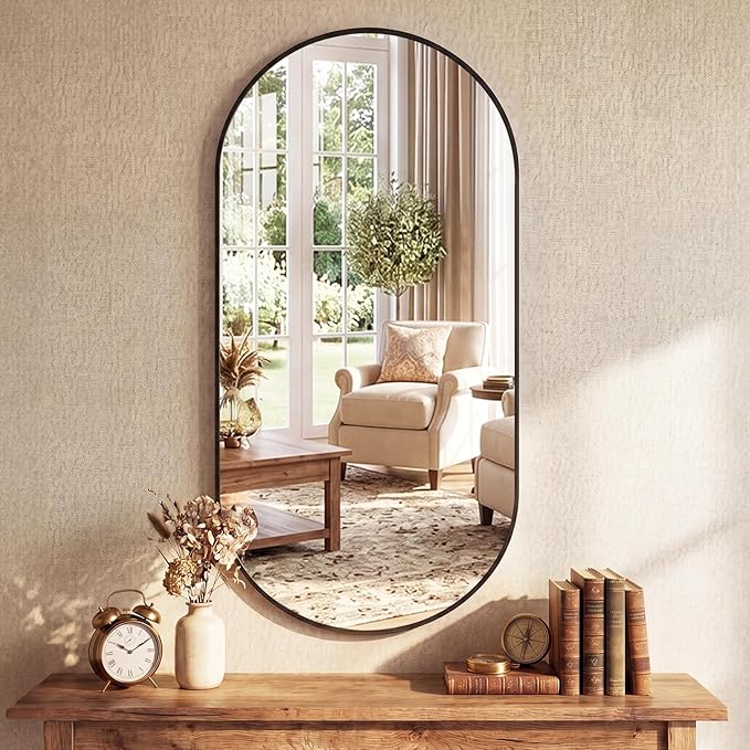 Sweetcrispy 24" x 48" Black Bathroom Mirror for Wall, Oval Walls Mirror with Metal Frame, Tempered Glass, Modern Vanity Mirrors for Over Sink, Living Room, Bedroom, Entryway, Horizontal or Vertical