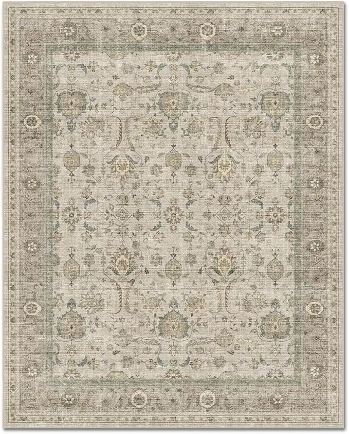 Washable 6x9 Area Rugs for Living Room, Boho Non-Slip Vintage Distress Large Rugs for Bedroom Dining Room Nursery Office, 0.3" Neutral Oriental Throw Thin Carpet, Flaxen/Brown/Multi