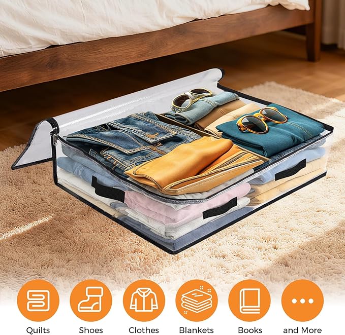 6 Pack Under Bed Storage Bags, 60L Foldable Clear Storage Containers with Handles, Dual Zippers for Comforter, Clothes, Bedding, Linen Sheets, Sweaters, Blanket Storage