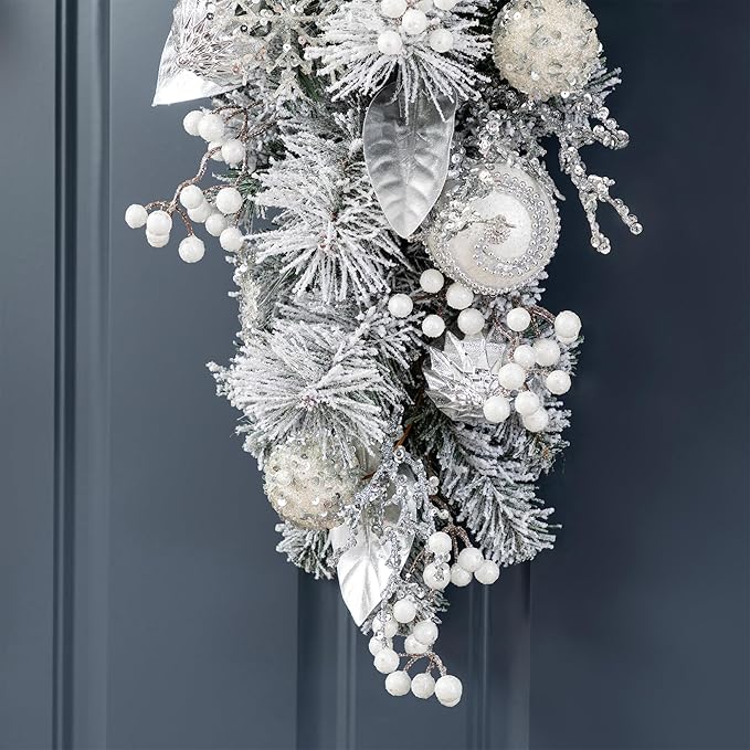 Glitzhome Silver White Christmas Teardrop Swag, 30 Inch Frosted Berry Ornament Garland Indoor Holiday Elegant Door Hanging Display with Ring for Fireplace Mantle Staircase Entryway