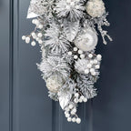 Glitzhome Silver White Christmas Teardrop Swag, 30 Inch Frosted Berry Ornament Garland Indoor Holiday Elegant Door Hanging Display with Ring for Fireplace Mantle Staircase Entryway