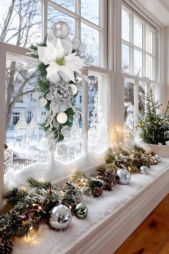 Silver Christmas Swag with Glitter Poinsettia, Pinecones, Ornaments and Mesh Ribbon 23.6" White and Silver Teardrop Swag for Christmas Decorations Artificial Wall Door Hanging Holiday Decor