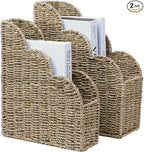 BROWNLILY Scalloped Magazine Holder Set of 2 - Natural Handwoven Seagrass Book Baskets for Bedroom, Bathroom, Living Room, Home, Office - Home Organization and Storage