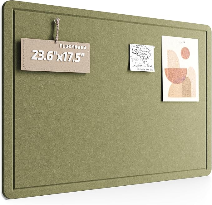 Fluxynara Bulletin Board, 23.6" x 17.5" Cork Board Alternative with 12 Safe Removable Adhesive Tabs, Foldable Felt Pin Board for Home Office, Classroom, Bedroom,Entryway for Walls—Olive Green