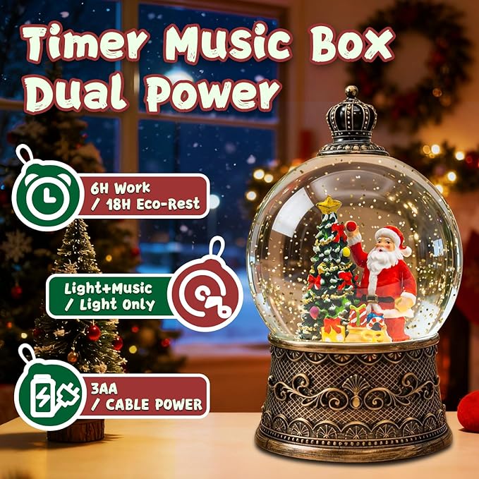 Christmas Snow Globes Lantern, Santa Claus and Gifts Christmas Decorations Indoor, 6H Timer Battery & USB Powered Light Up Musical Snow Globes for Kids Women Adults Gift Thanksgiving Home Decor