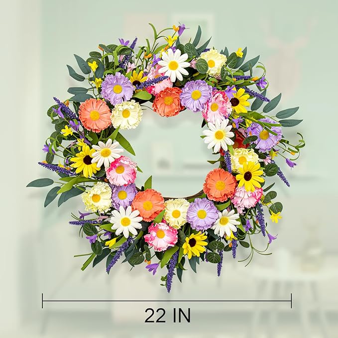 VioletEverGarden Spring Wreaths for Front Door 22 Inch Spring Wreath 6 Colors Summer Wreath with Lavender Daisy and Eucalyptus for Indoor Outdoor Holiday Celebration