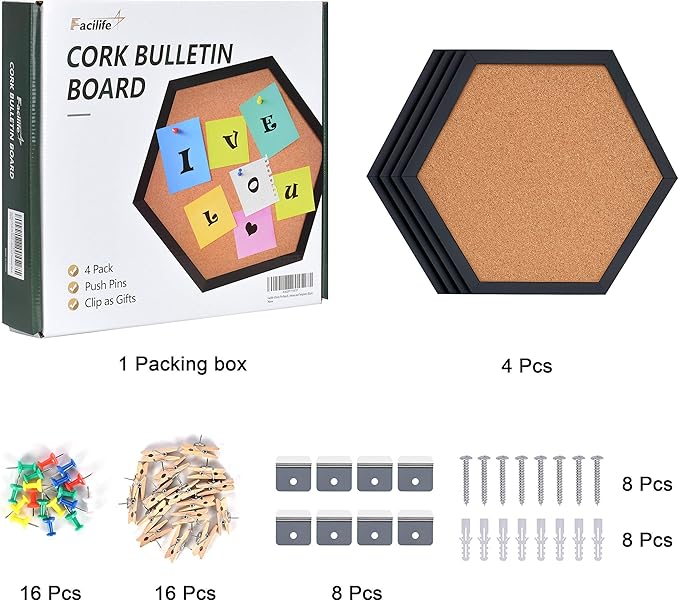 Facilife 4 Packs Cork Board,Corkboards for Wall,Small Cork Board Decorations,Cork Boards for Walls with Frame, Decorative for Office, School & Home